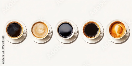Variété de cafés vus de dessus avec des textures riches et mousseuses sur fond blanc