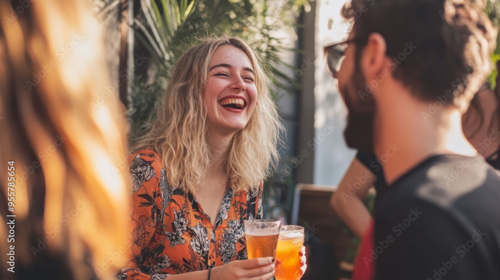 Woman laughing and enjoying with friends at a brunch party, with a relaxed and cheerful atmosphere. Woman laughing and enjoying with friends at a brunch party, with a relaxed and cheerful atmosphere.