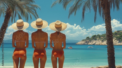 groupe de copines femme qui regardent le paysage sur la plage, Vacances d'été tropicales; détente et baignade sous le soleil sur une plage paradisiaque