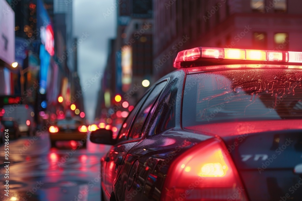 Flashing lights of a police car illuminate wet city streets during a nighttime traffic check in an urban environment Flashing lights of a police car illuminate wet city streets during a nighttime traffic check in an urban environment