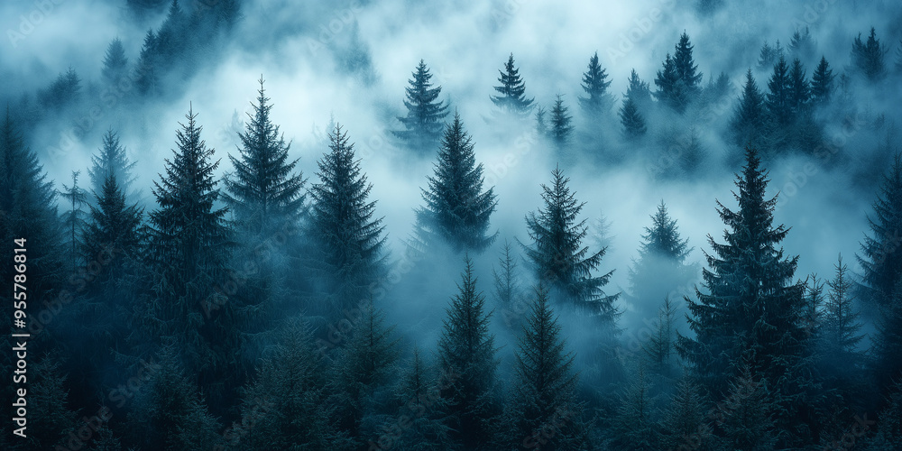 A view of the fir forest covered in a delicate fog A view of the fir forest covered in a delicate fog