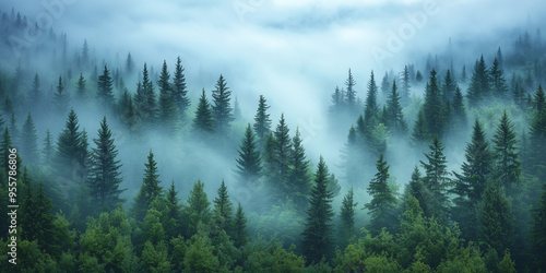 A view of the fir forest covered in a delicate fog