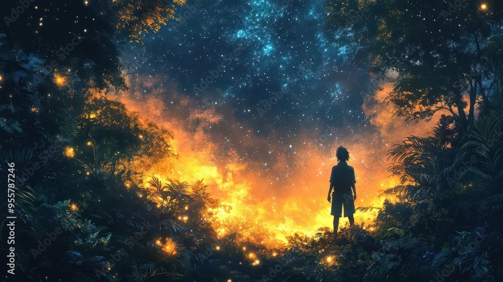 enigmatic explorer contemplates cosmic wonders amidst lush jungle canopy starry night sky peeking through dense foliage moonlit silhouettes of exotic flora enigmatic explorer contemplates cosmic wonders amidst lush jungle canopy starry night sky peeking through dense foliage moonlit silhouettes of exotic flora