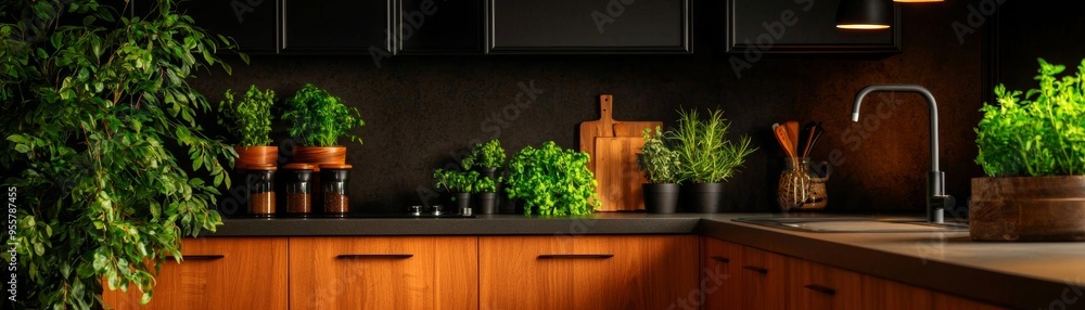 A sleek kitchen design with integrated wooden cabinetry and a large central island for food preparation A sleek kitchen design with integrated wooden cabinetry and a large central island for food preparation