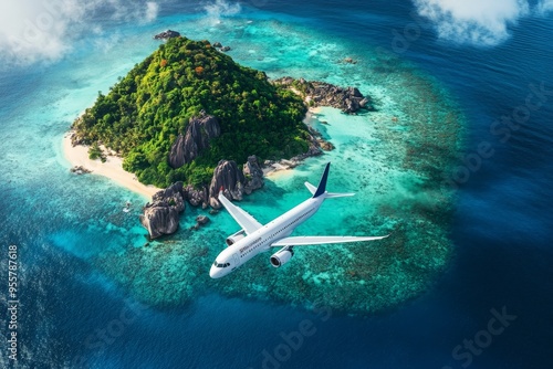 plane flies over the exotic island