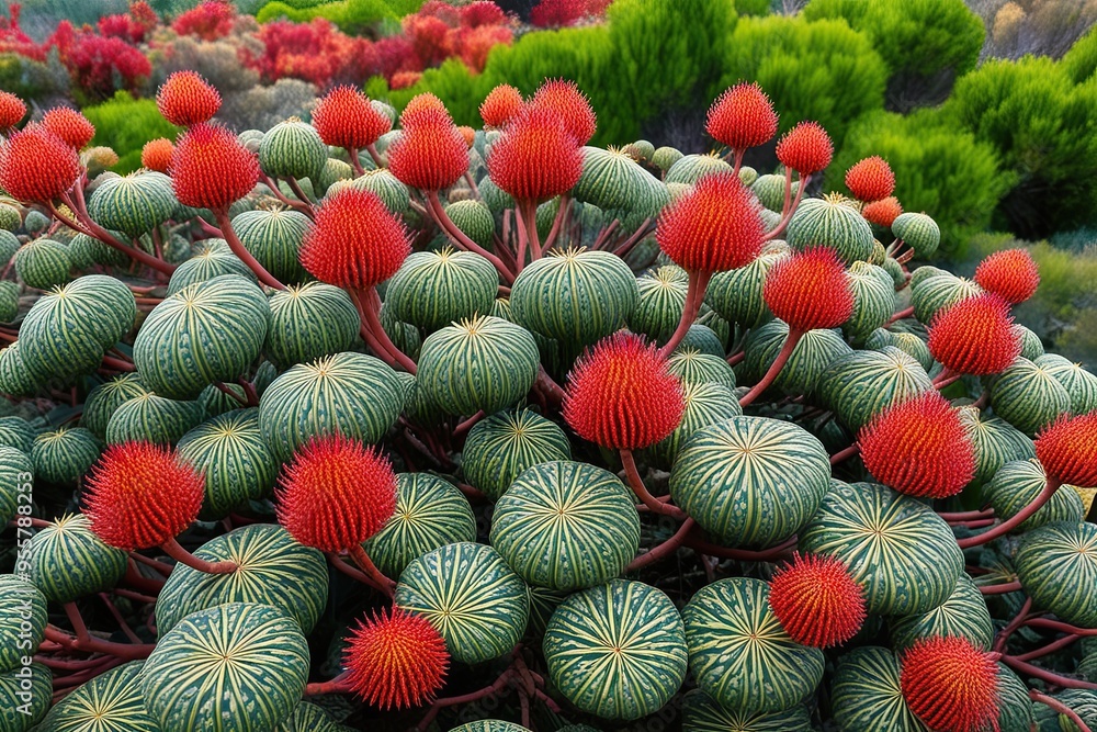Obraz premium Stunning 3D Visualization of Banksia Spinulosa Shrubs Featuring Unique Leaf Patterns and Prickly Projections