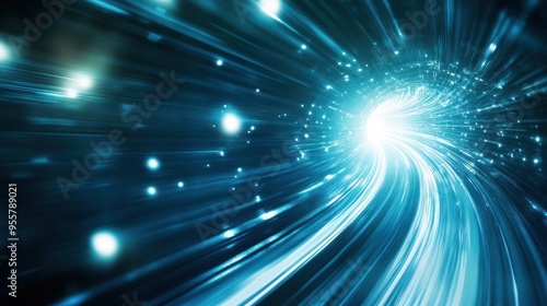 Abstract light tunnel with vibrant blue rays and glowing particles illustrating speed and movement in digital space.