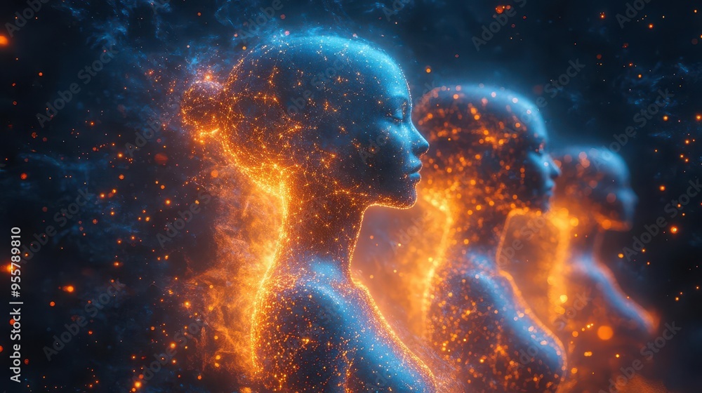 ethereal network visualization with glowing humanoid figures interconnected by light streams floating in a cosmic digital space ethereal network visualization with glowing humanoid figures interconnected by light streams floating in a cosmic digital space