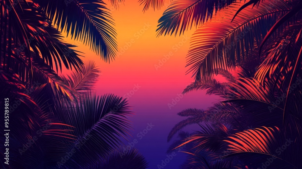 Silhouetted Palm Tree Fronds Against a Vibrant Sunset Sky Silhouetted Palm Tree Fronds Against a Vibrant Sunset Sky