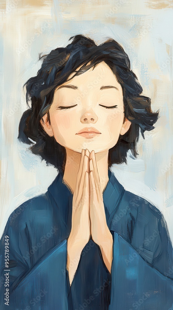 A serene illustration of a woman in prayer, embodying peace, spirituality, and tranquility in a calm setting. A serene illustration of a woman in prayer, embodying peace, spirituality, and tranquility in a calm setting.