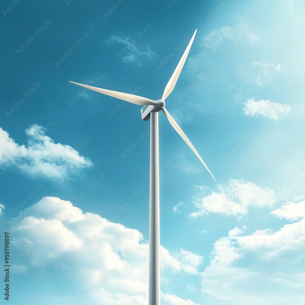 A picturesque wind turbine standing tall against a blue sky with fluffy clouds, representing renewable energy and sustainability. A picturesque wind turbine standing tall against a blue sky with fluffy clouds, representing renewable energy and sustainability.