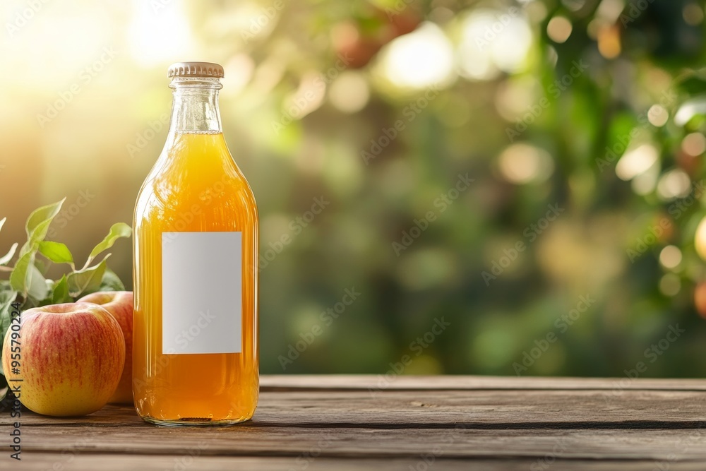 A bottle of fresh apple juice glimmers in the sunlight next to ripe apples, A bottle of fresh apple juice glimmers in the sunlight next to ripe apples,