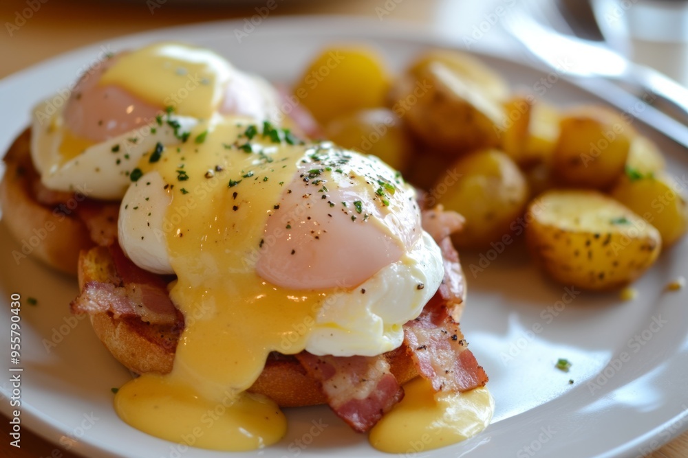 Delicious brunch featuring eggs Benedict with crispy bacon and golden potatoes served at a sunny café in the heart of the city. Generative AI Delicious brunch featuring eggs Benedict with crispy bacon and golden potatoes served at a sunny café in the heart of the city. Generative AI