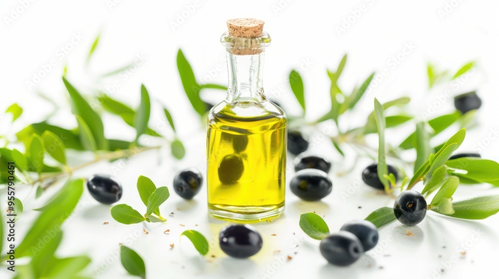 Bottle of Olive Oil with Olives and Branches Bottle of Olive Oil with Olives and Branches