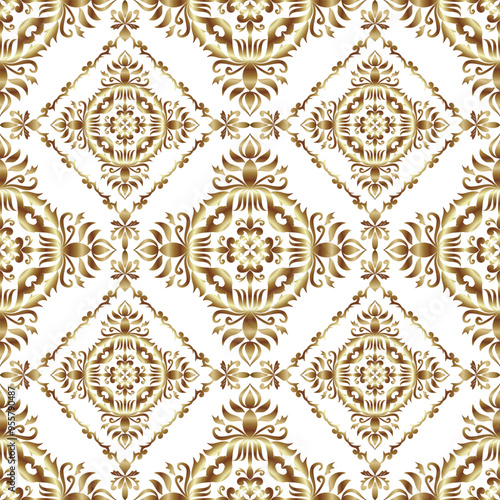 Classic gold damask seamless pattern, Luxury old fashioned ornament, Royal victorian texture for wallpapers, background textile, wrapping, Exquisite floral baroque template, Vector, illustration
