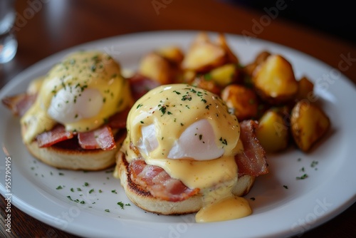 Delicious eggs benedict served with golden roasted potatoes in a cozy brunch setting. Generative AI