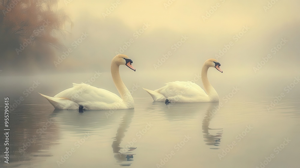 Naklejka premium ethereal scene of graceful swans on misty water their reflections creating intricate patterns soft pastel hues and dreamy atmosphere evoke fairytalelike tranquility