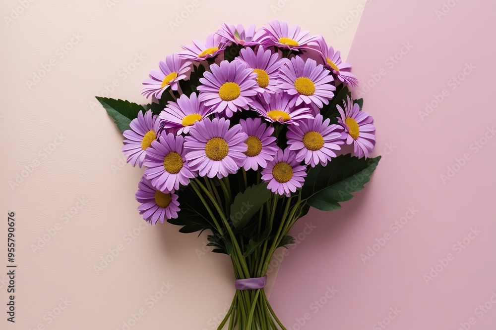 Charming Purple Daisy Bunch with Leaves on Soft Pastel Background for a Delightful Floral Birthday Invitation Charming Purple Daisy Bunch with Leaves on Soft Pastel Background for a Delightful Floral Birthday Invitation