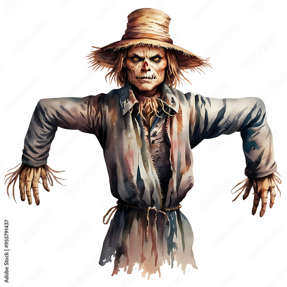 watercolor clipart of Scarecrow with a sinister face, with isolated background. watercolor clipart of Scarecrow with a sinister face, with isolated background.