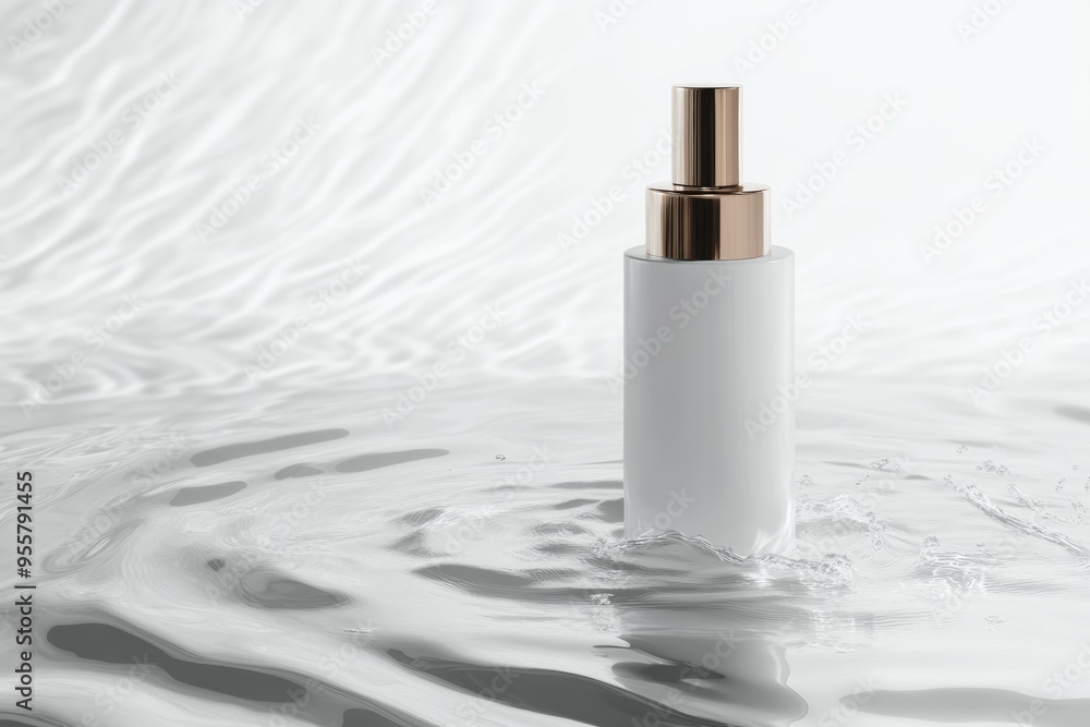 Naklejka premium Elegant skincare bottle gracefully resting on a rippling water surface, creating a tranquil atmosphere of rejuvenation and purity in a serene setting. Generative AI
