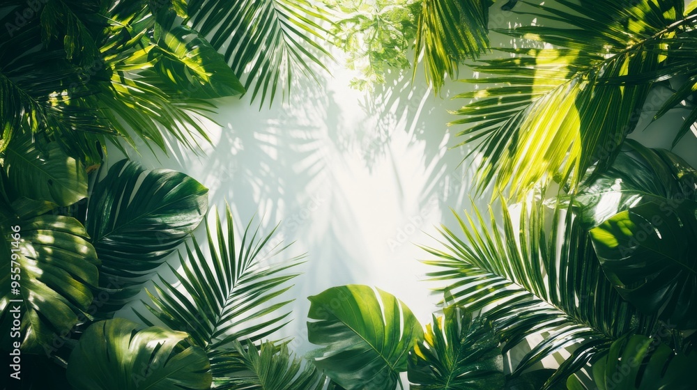 Lush Green Tropical Leaves Bordering a White Background Lush Green Tropical Leaves Bordering a White Background