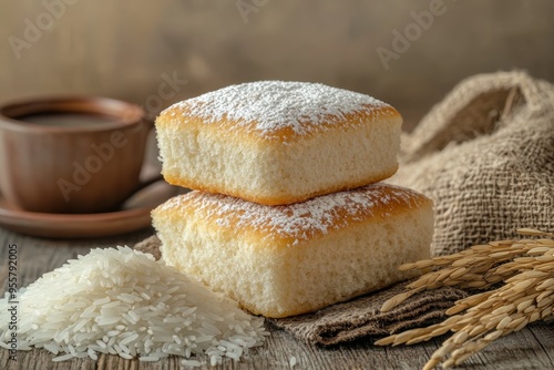 Freshly baked sweet bread with powdered sugar served alongside rice and coffee on a rustic wooden table