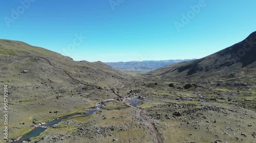 Scenic mountain valley with river under clear blue sky offers expansive view of unspoiled nature photo