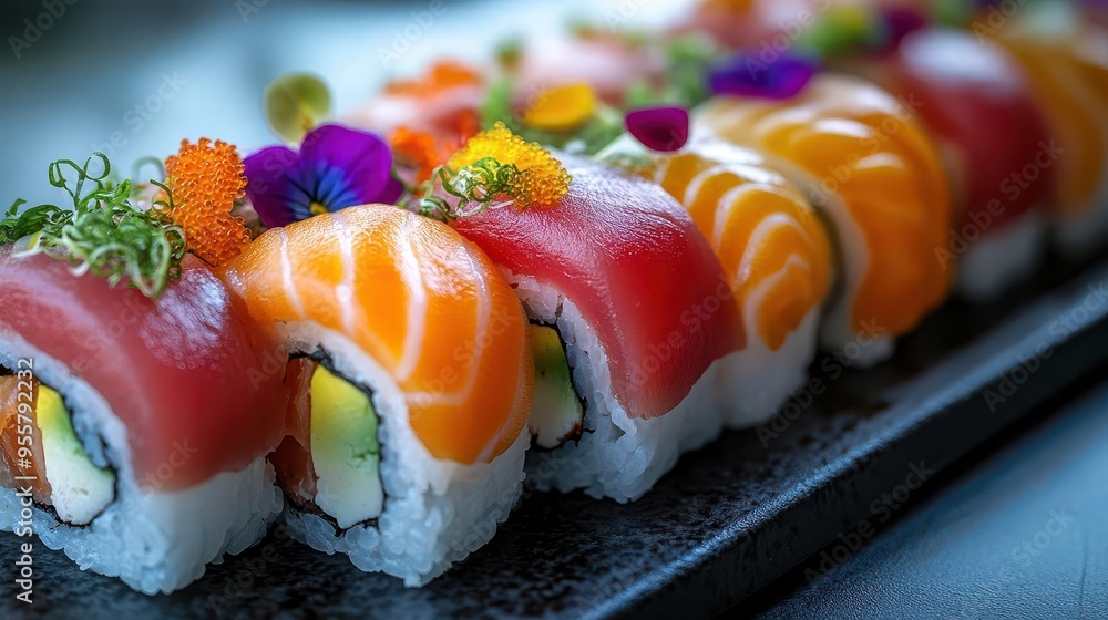 exquisite sushi platter with vibrant rainbow rolls delicate nigiri and artistic maki arrangements soft lighting highlights glistening fish garnished with edible flowers and microgreens exquisite sushi platter with vibrant rainbow rolls delicate nigiri and artistic maki arrangements soft lighting highlights glistening fish garnished with edible flowers and microgreens
