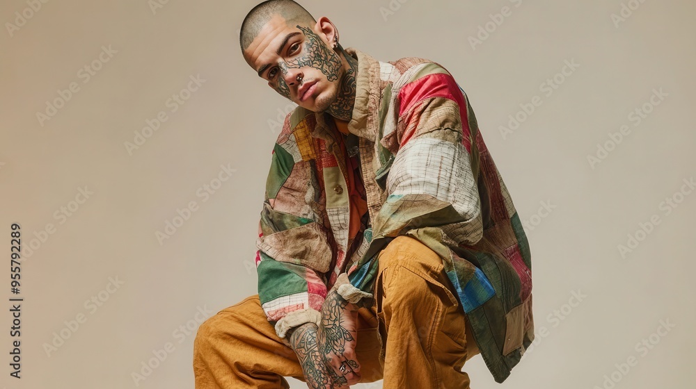 Obraz premium A man with tattoos poses confidently while wearing a colorful patchwork jacket and oversized pants, showcasing his unique style