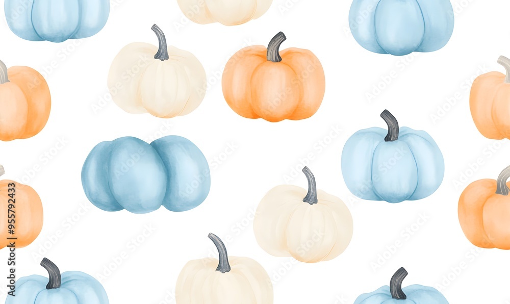 Seamless pattern of pumpkins in blue and orange tones on a light background, Generative AI Seamless pattern of pumpkins in blue and orange tones on a light background, Generative AI