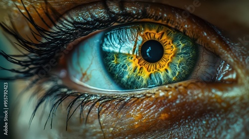 extreme closeup of emerald green eye intricate iris patterns vivid color variations reflective surface captivating human gaze