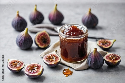 Fig Jam: Overhead view of a small jar filled with rich fig jam, and a few fresh figs placed beside