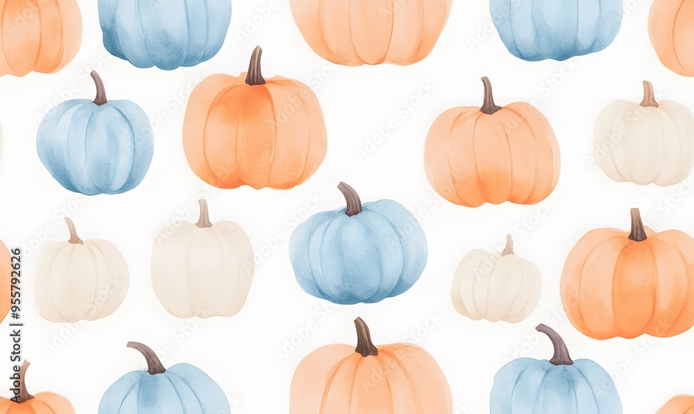 Seamless pattern of pumpkins in blue and orange tones on a light background, Generative AI Seamless pattern of pumpkins in blue and orange tones on a light background, Generative AI
