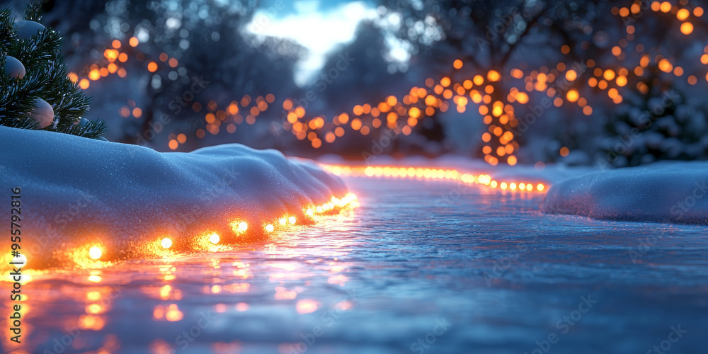 Fototapeta premium A snowy path lit by warm string lights, leading through a winter wonderland.