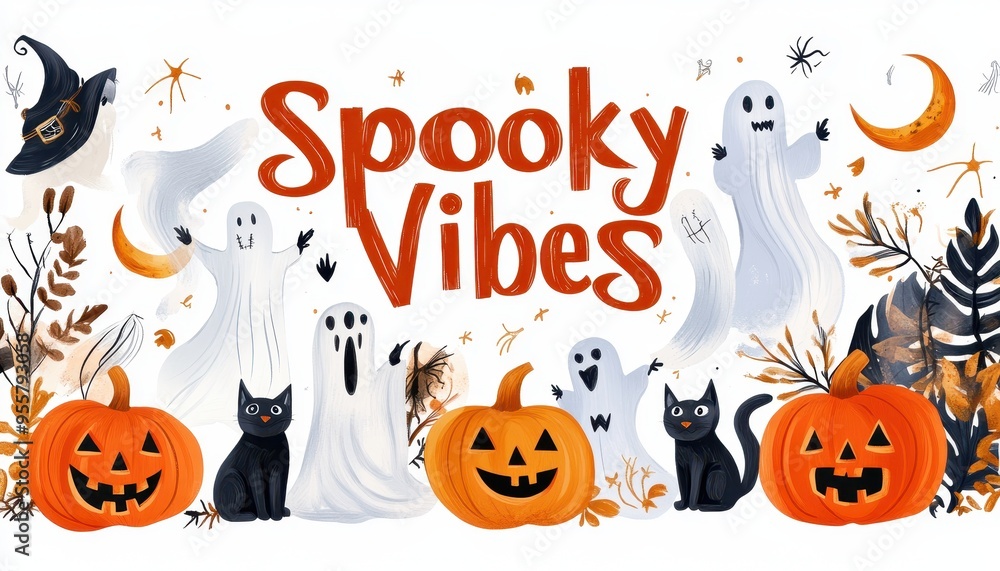Spooky Halloween Illustration with Pumpkins, Ghosts, and Cats Spooky Halloween Illustration with Pumpkins, Ghosts, and Cats