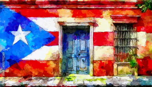 Puerto Rico culture. Exterior of old dilapidated building and a door painted door with Puerto Rican flag photo