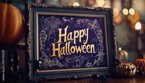 Wallpaper Mural Ornate Picture Frame with "Happy Halloween" Sign and Decorated Pumpkins Torontodigital.ca