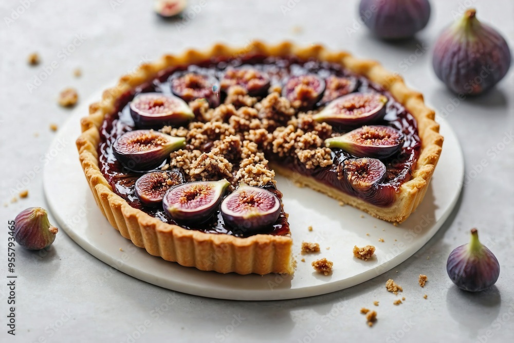 Fig Tart: A single slice of fig tart on a plain white surface, with visible layers of figs and a golden crust. Fig Tart: A single slice of fig tart on a plain white surface, with visible layers of figs and a golden crust.