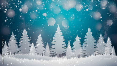 Xmas Winter Forest with Snowy Pines and Blue Background with Copy-Space