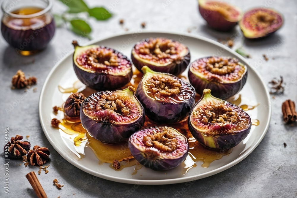 Roasted Figs: Overhead view of roasted figs on a plain white plate, drizzled with honey and lightly sprinkled with cinnamon Roasted Figs: Overhead view of roasted figs on a plain white plate, drizzled with honey and lightly sprinkled with cinnamon