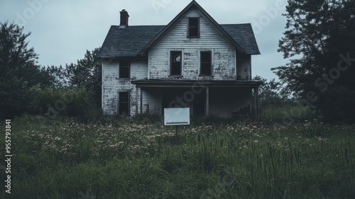 Abandoned White House with Blank Sign in Overgrown Field