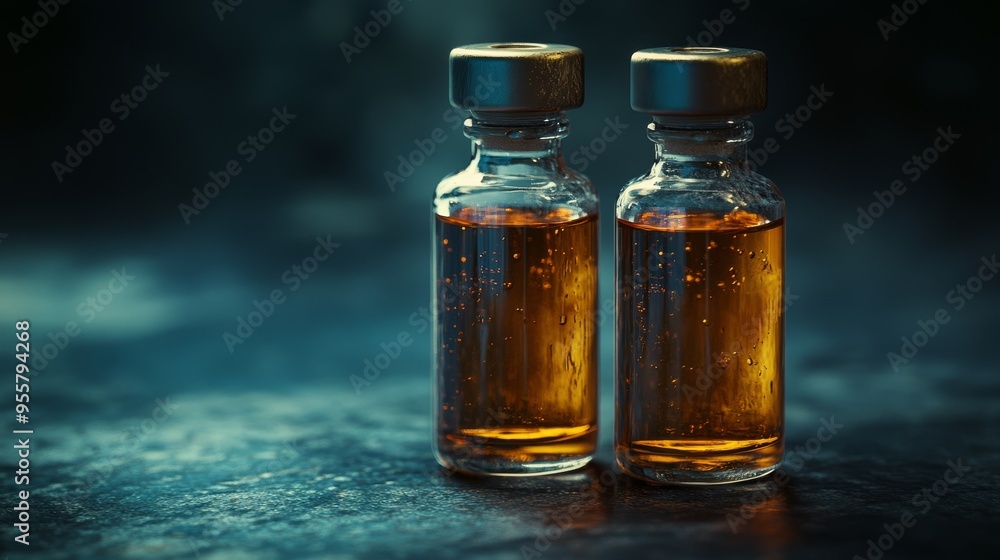Two medical vials. Pharmaceutical concept Two medical vials. Pharmaceutical concept