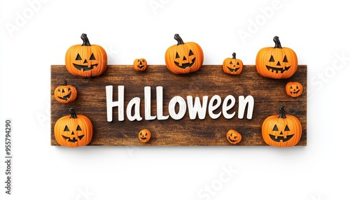 Wooden Sign with Jack-o'-Lanterns and the Word Halloween photo