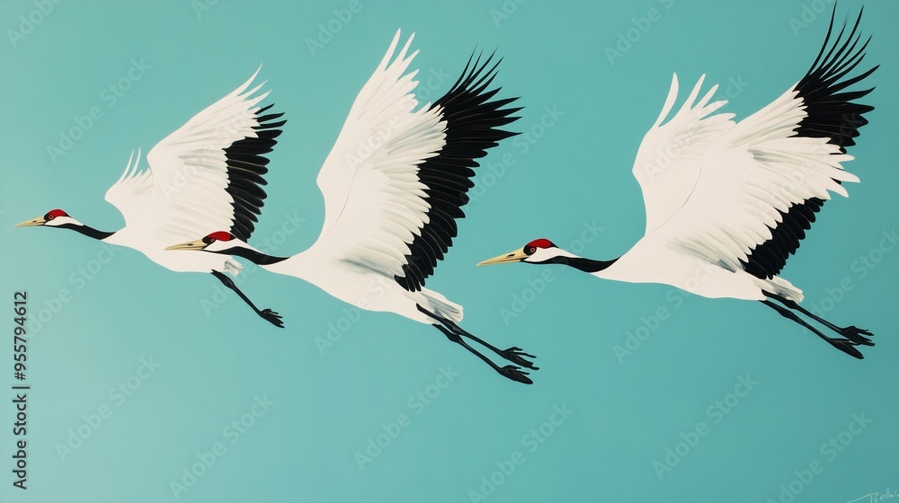 Fototapeta premium Three elegant cranes in flight against a serene blue sky showcasing the beauty of nature and avian grace