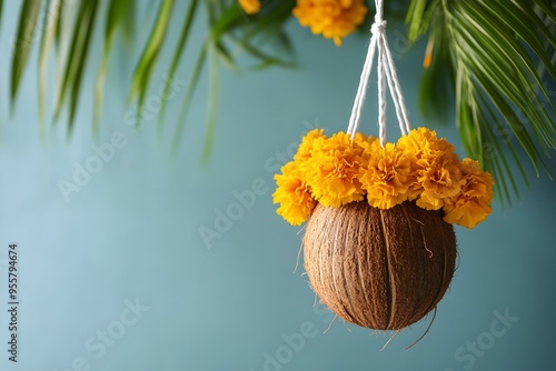 Worship pot Kalash with orange marigold flowers on blue background. Durga puja. Happy Diwali, Akshaya Tritiya, Navratri, Dhanteras. Shubh Labh Pancham.  Ugadi or Gudi Padwa Indian hindu festival photo