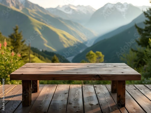 Wood table on the lake front view. Mockup product, Positioned on the beach, benches overlook hills covered in sprawling green fields, Traditional wooden table overlooking terraced fields and mountains