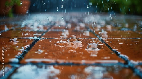 close up of raindrops from the house tiles to the ground in slow motion. side view. warm afternoon conditions.