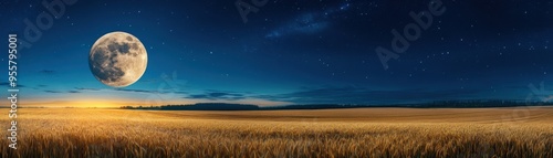 Full Moon Over Golden Wheat Field at Night