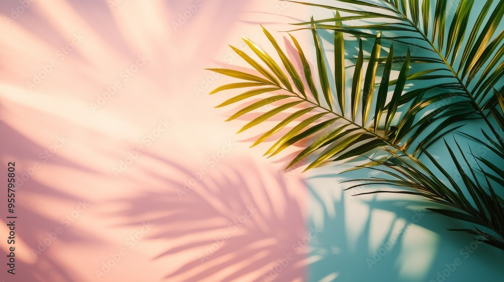 Palm Leaf Shadow Cast on a Pink and Blue Background Palm Leaf Shadow Cast on a Pink and Blue Background