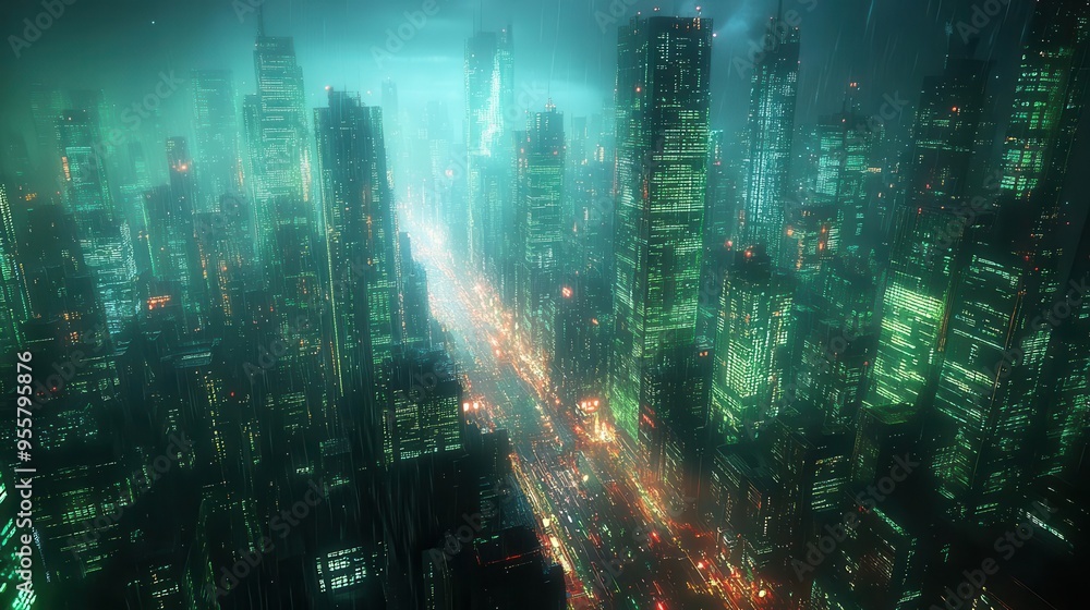 Fototapeta premium futuristic cityscape neon blue and green cyberpunk aesthetics digital network connections retrofuturistic elements abstract data visualization